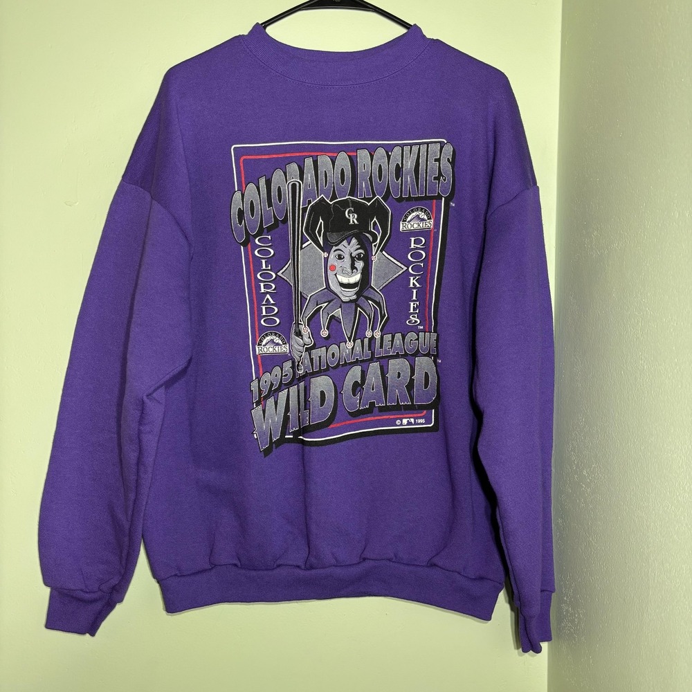 Vintage Colorado Rockies Sweater Mens Large Purple MLB 1995 Wild Card Logo 7 90s